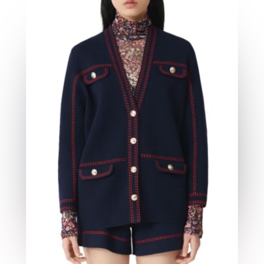 Maje Navy Cardigan with Red Trim
